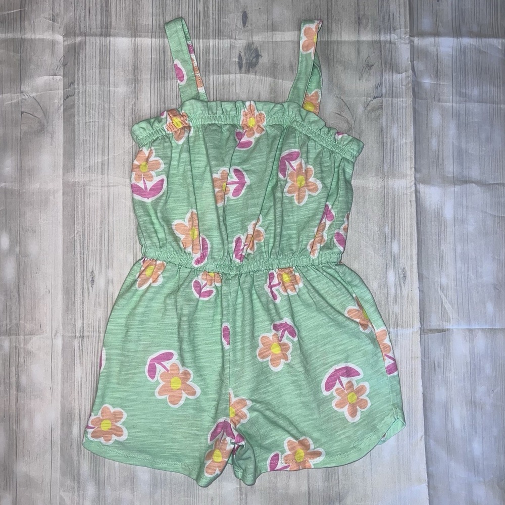 365 Kids Garanimals Romper Girls Size 7 Green Floral Retro 70s